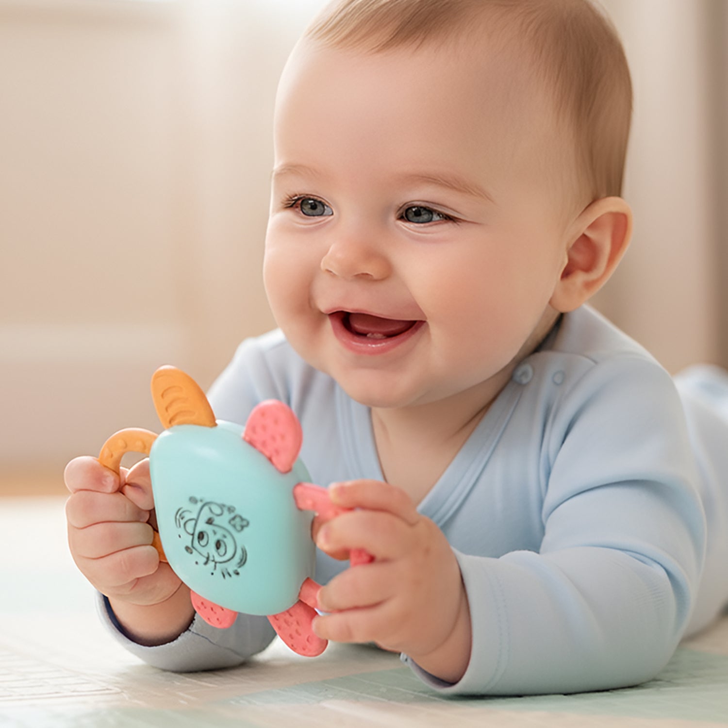 Close-up of bright baby rattles promoting auditory and tactile engagement