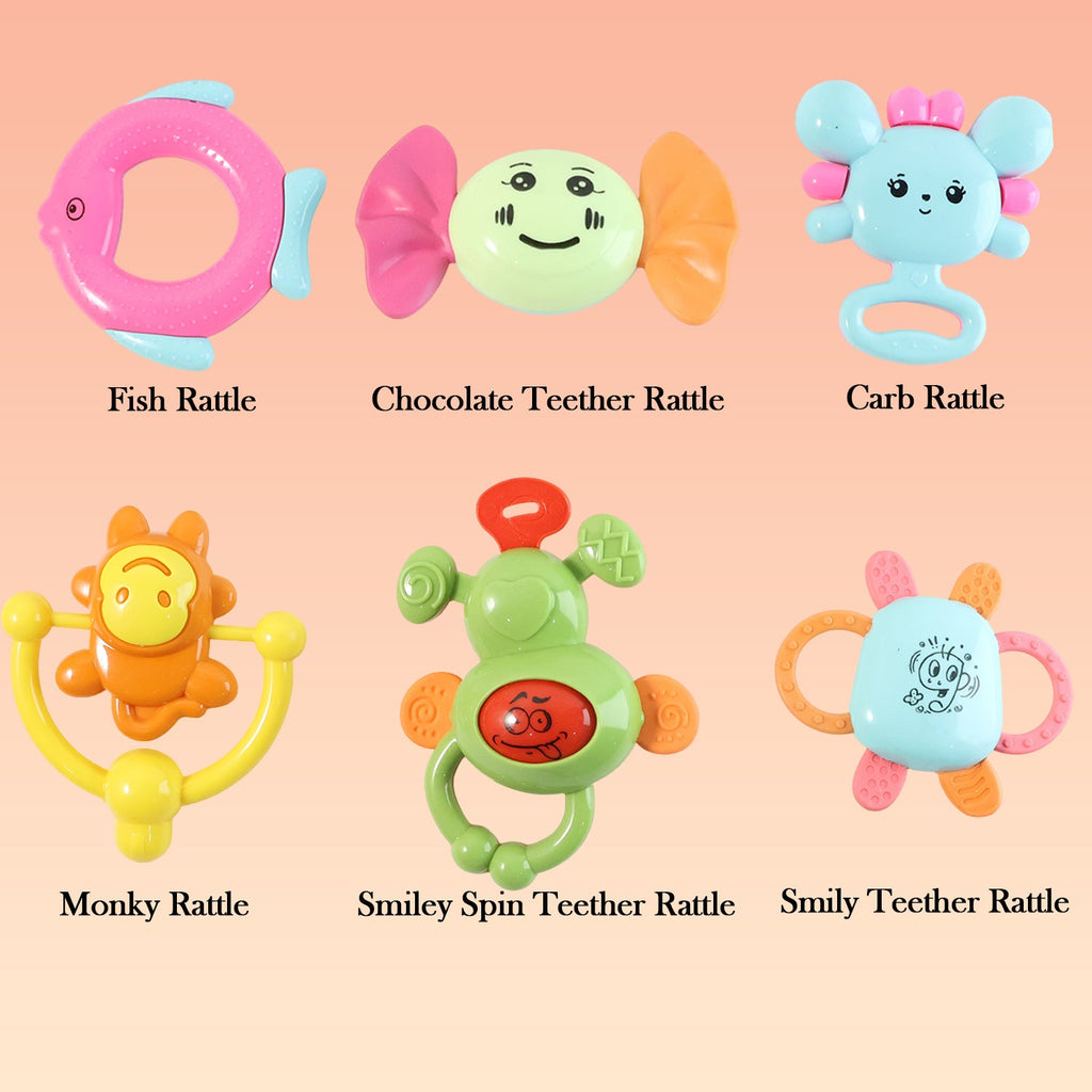 Set showing colorful baby rattles with various textures for sensory play