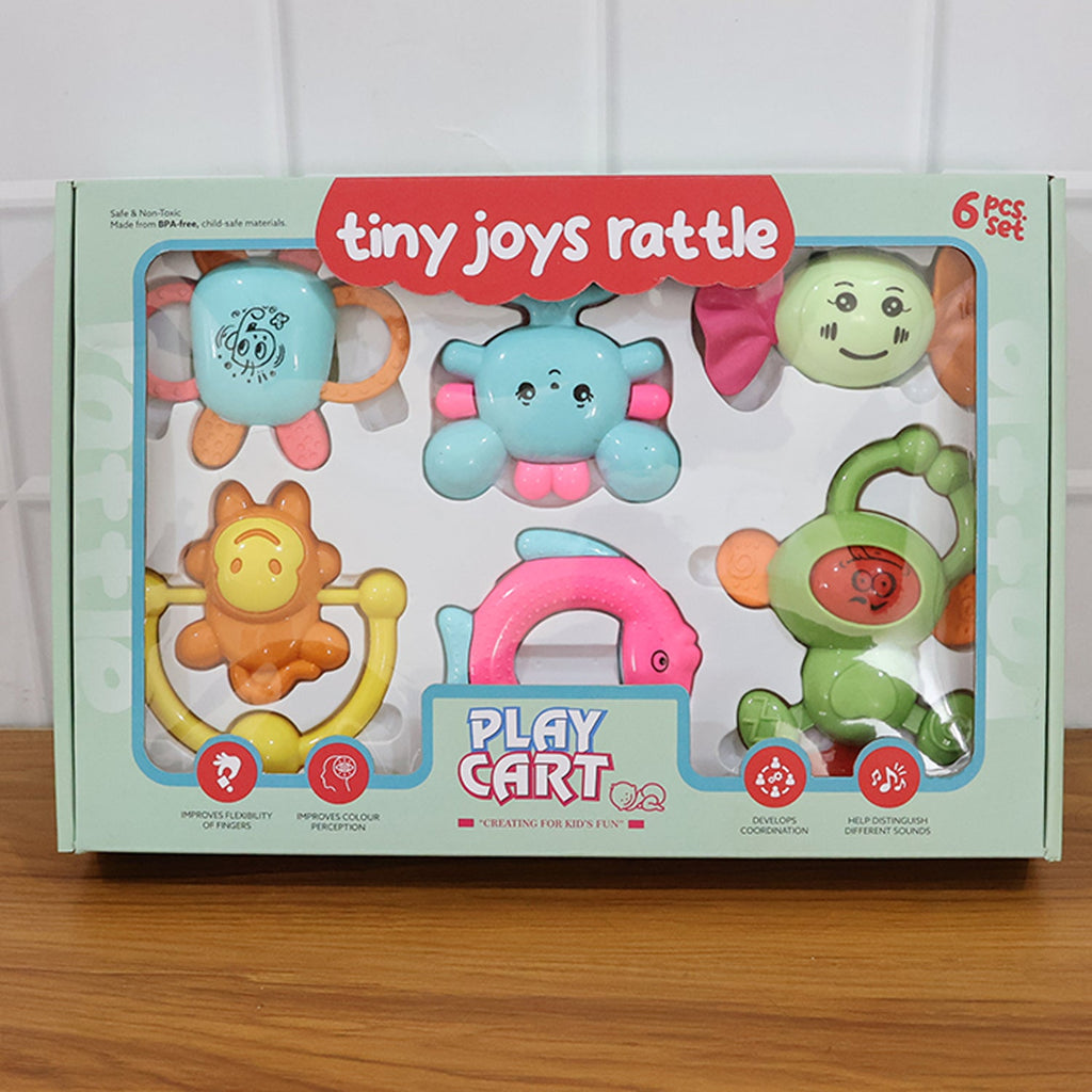 Multiple colorful baby rattles arranged for early learning activities