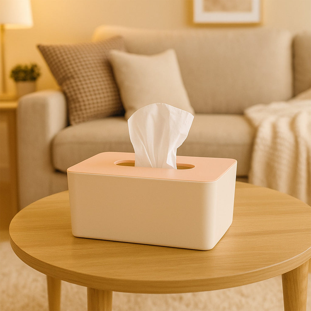 Side view of modern tissue box holder showing sturdy base