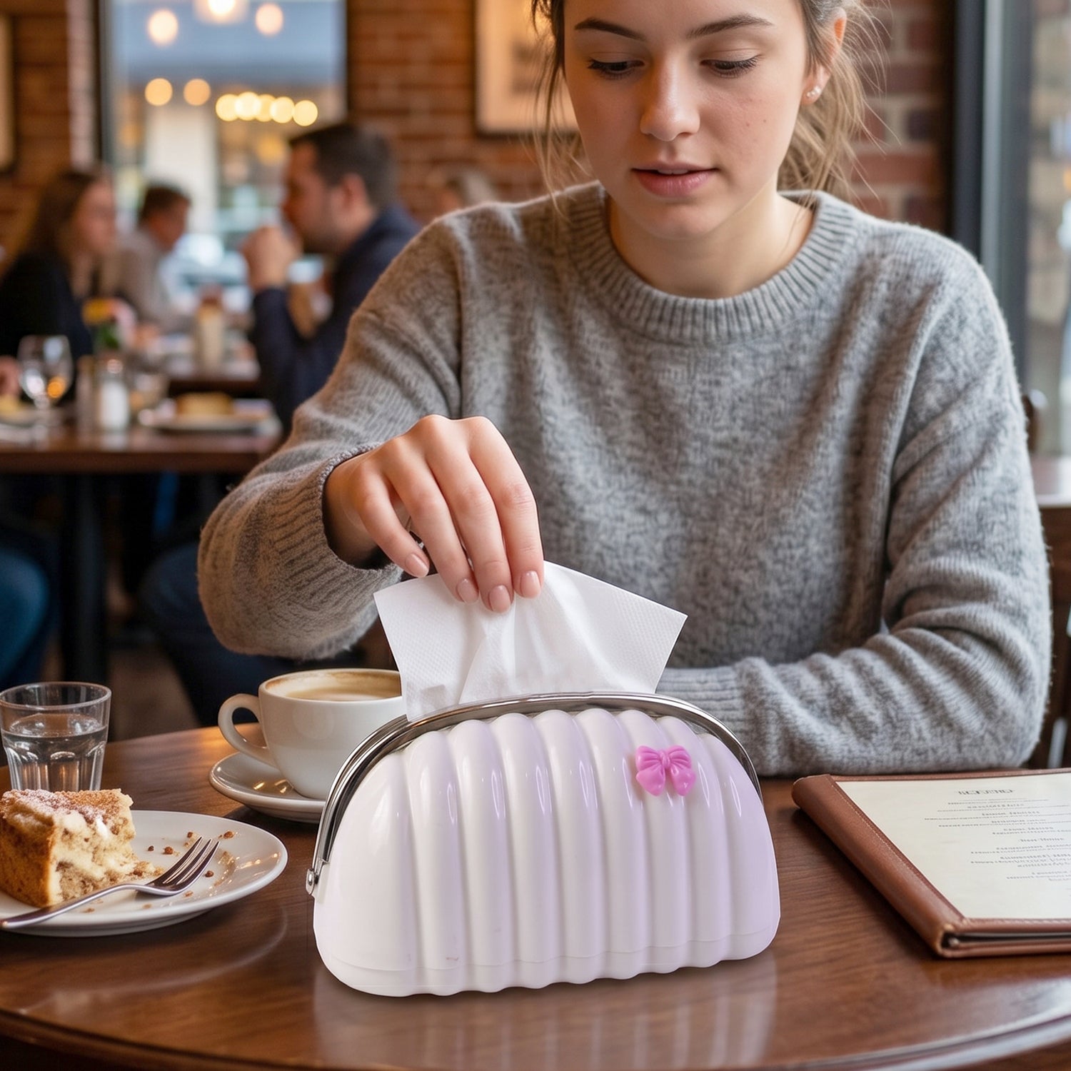 Handbag shaped tissue dispenser featuring pink bow