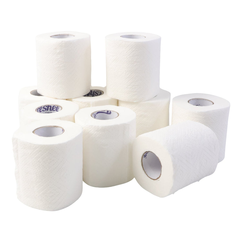 Single Freshee toilet tissue roll placed in a standard dispenser in a clean bathroom.