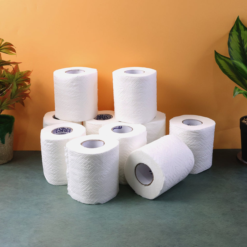 Pack of ten Freshee toilet tissue rolls neatly arranged for convenience.
