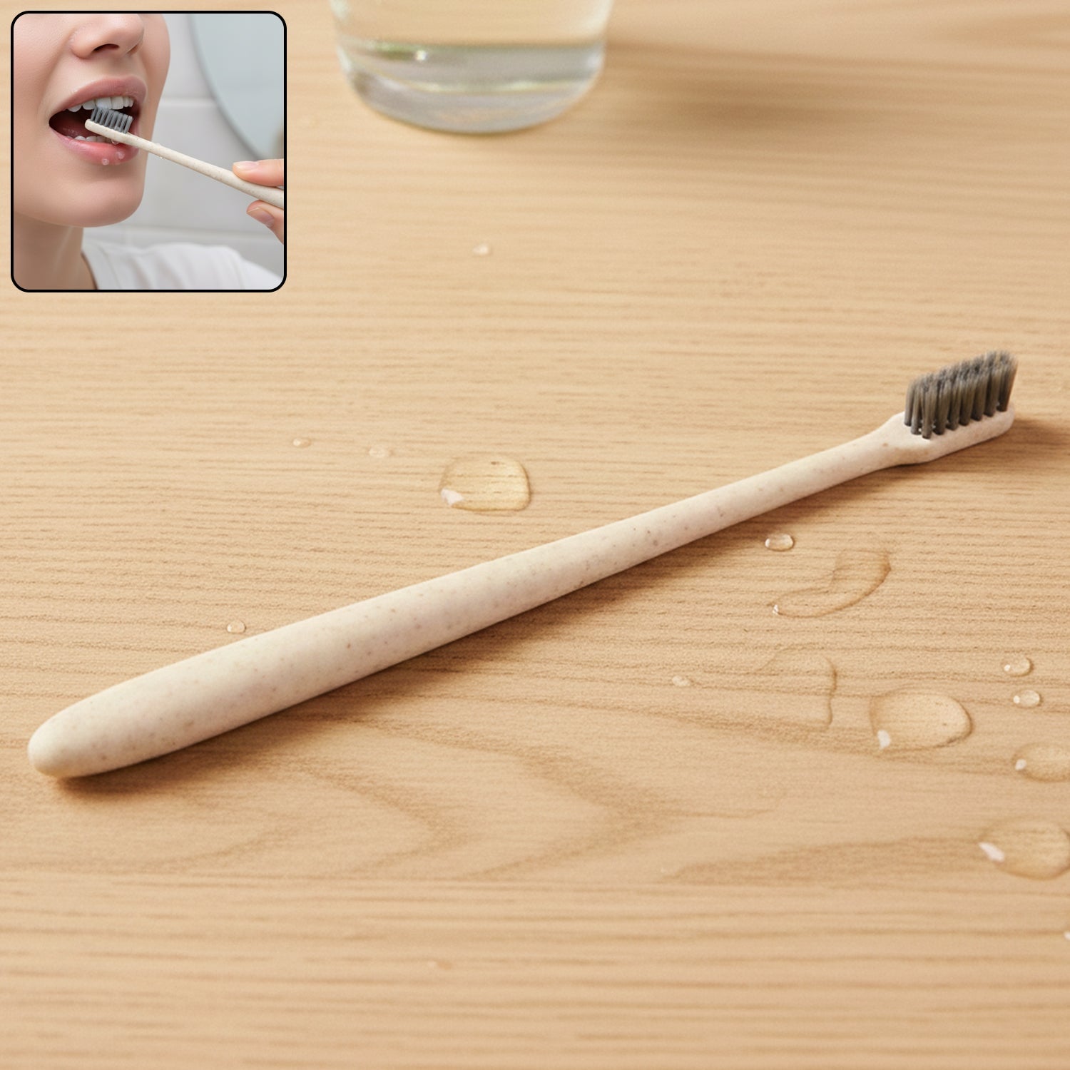 A MintGuard Soft-bristle Toothbrush made from wheat straw, shown upright for daily dental care.