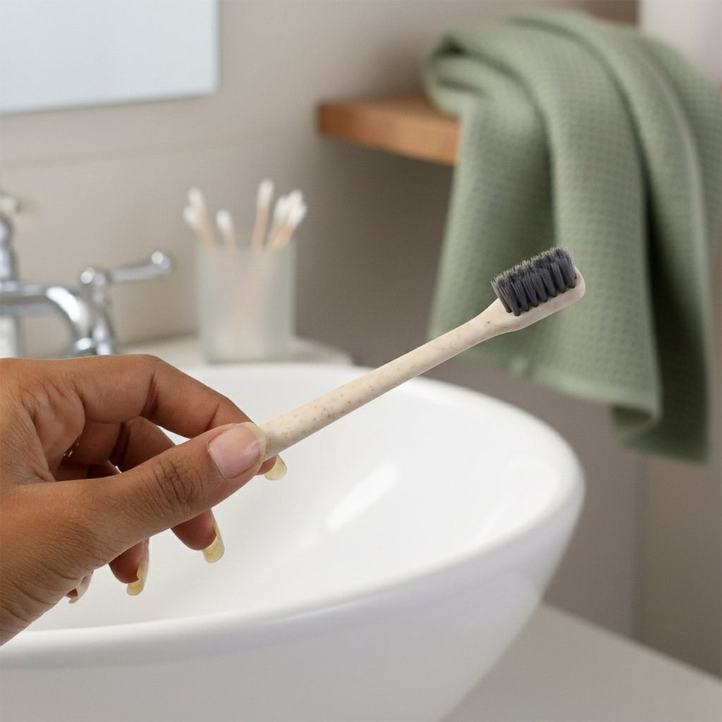 The MintGuard Soft-bristle Toothbrush resting on a clean bathroom counter, ready for use.