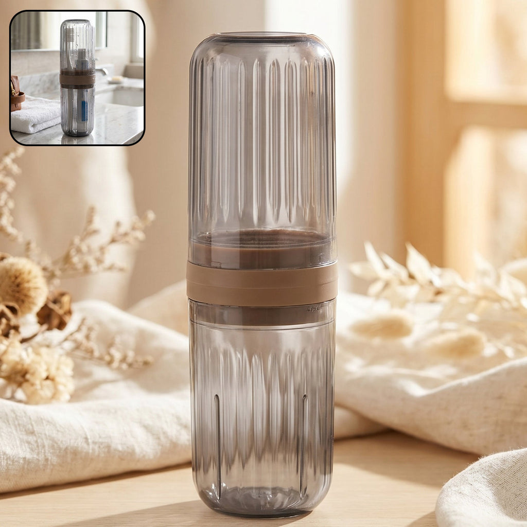 Foldable plastic travel toothbrush holder with built-in glass case