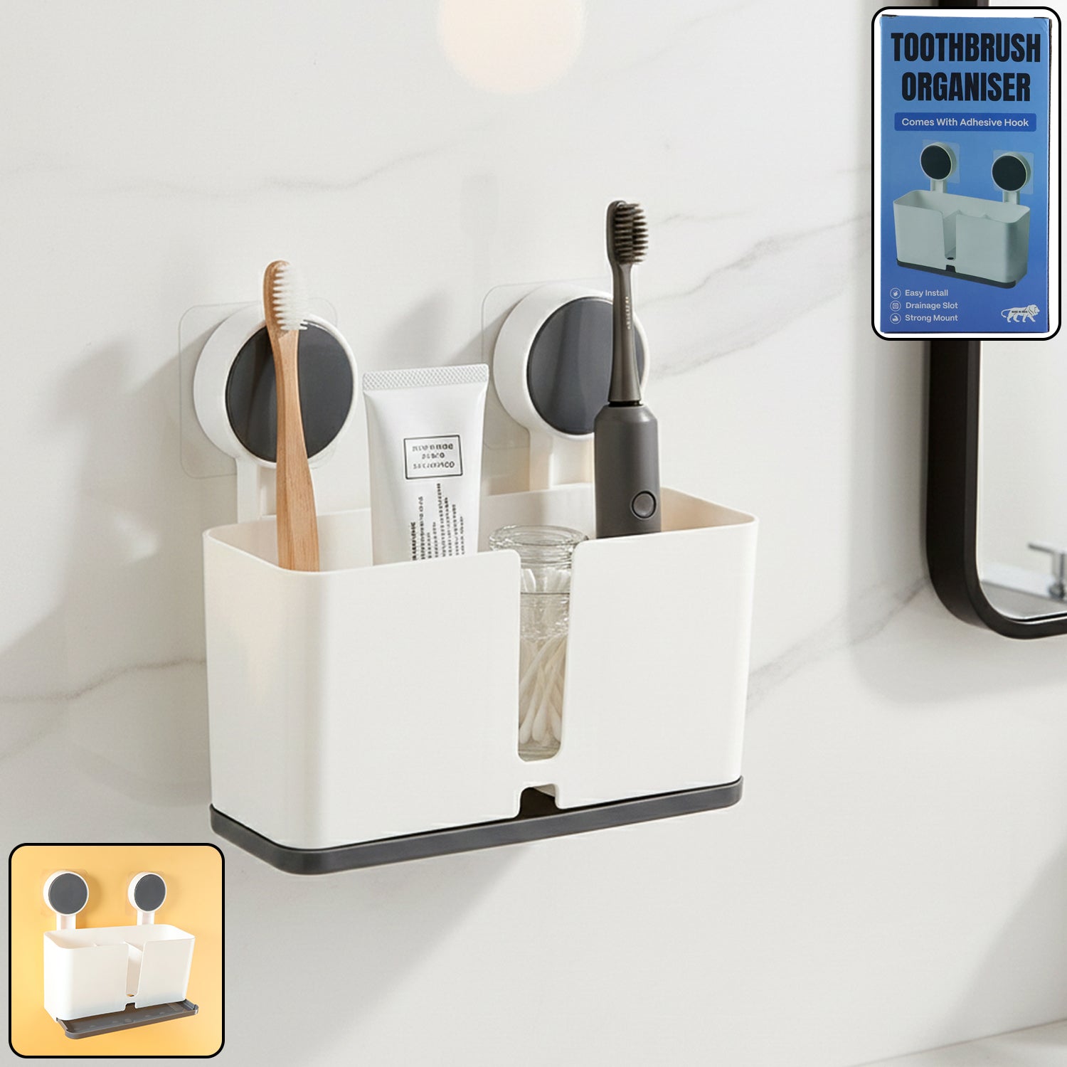 Front view of wall mounted toothbrush holder with adhesive back