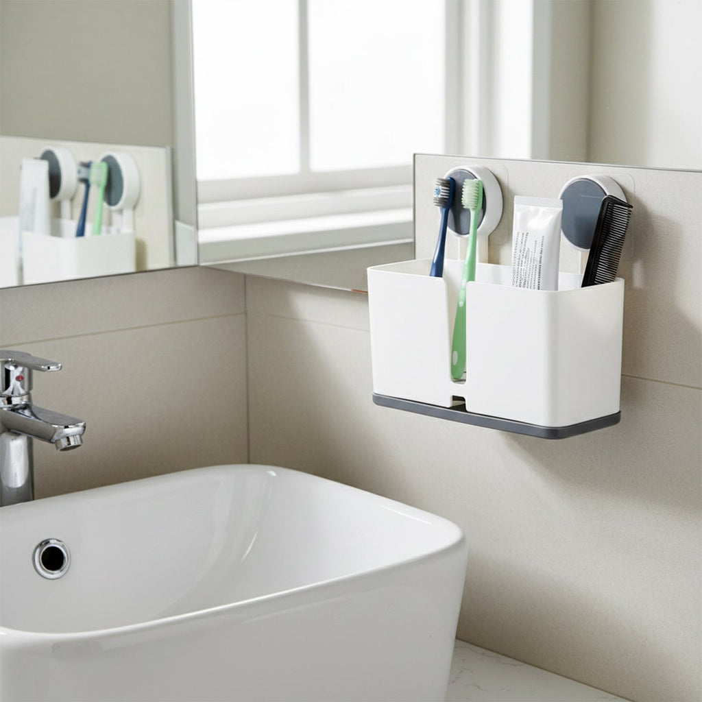 Organizer cup set holding toothbrushes and toothpaste in bathroom