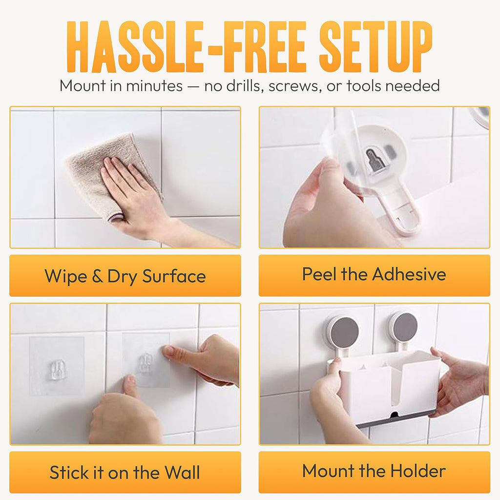 Close-up of compartments in wall mounted toothbrush holder to keep items separated