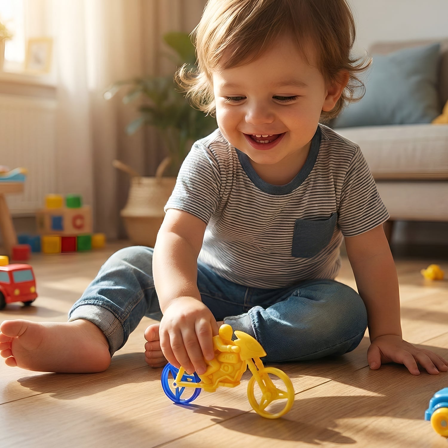 Colorful red motorcycle toy included in kids oral care set