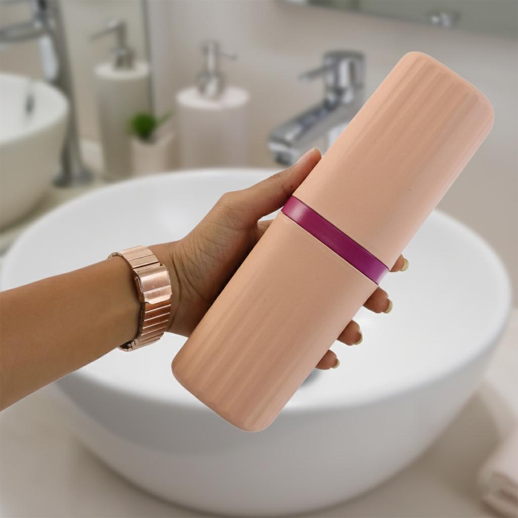 Compact toothbrush case stored inside a travel bag for convenience