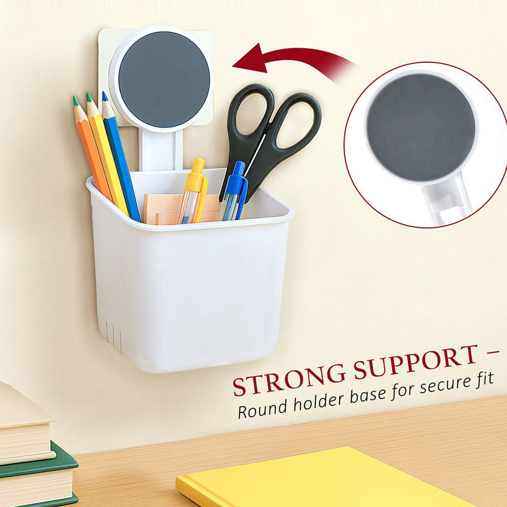Close-up view of adhesive-backed wall storage organizer keeping bathroom essentials.