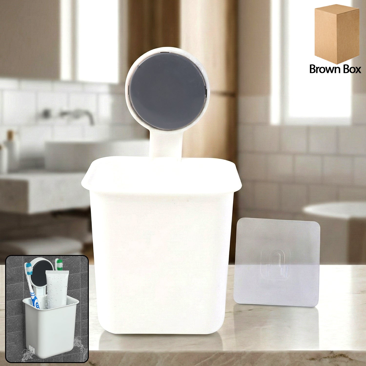 Wall mounted toothbrush holder with adhesive maintaining tidy bathroom storage.