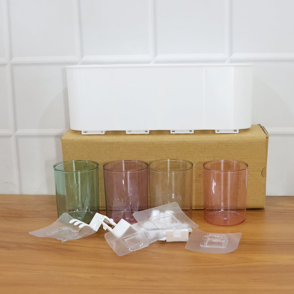 Plastic wall toothbrush rack with four inverted cups and grooming accessory slots
