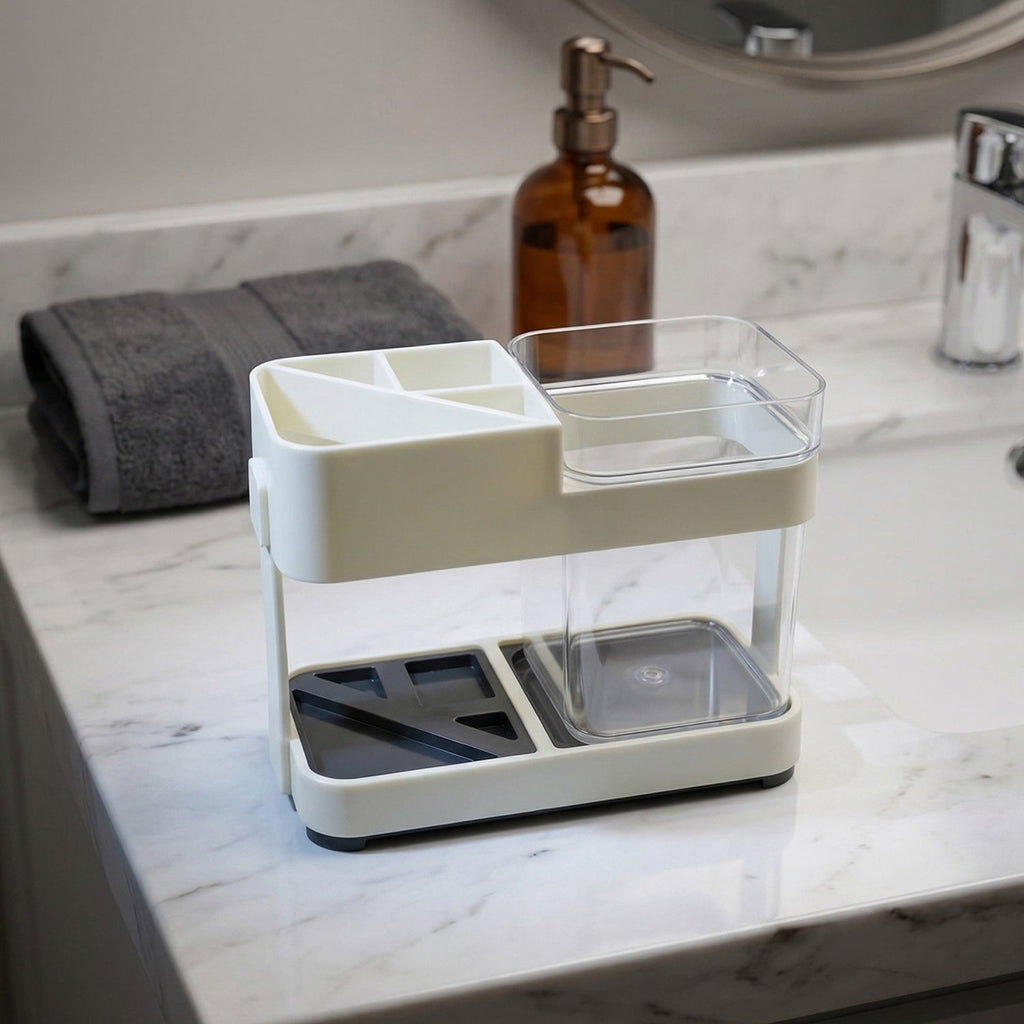 Multipurpose toothbrush holder set on bathroom countertop