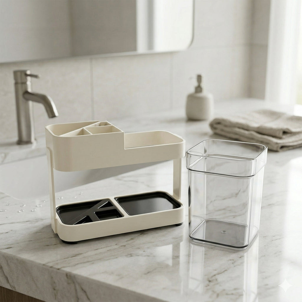Brown plastic toothbrush holder in bathroom