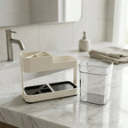 Brown plastic toothbrush holder in bathroom