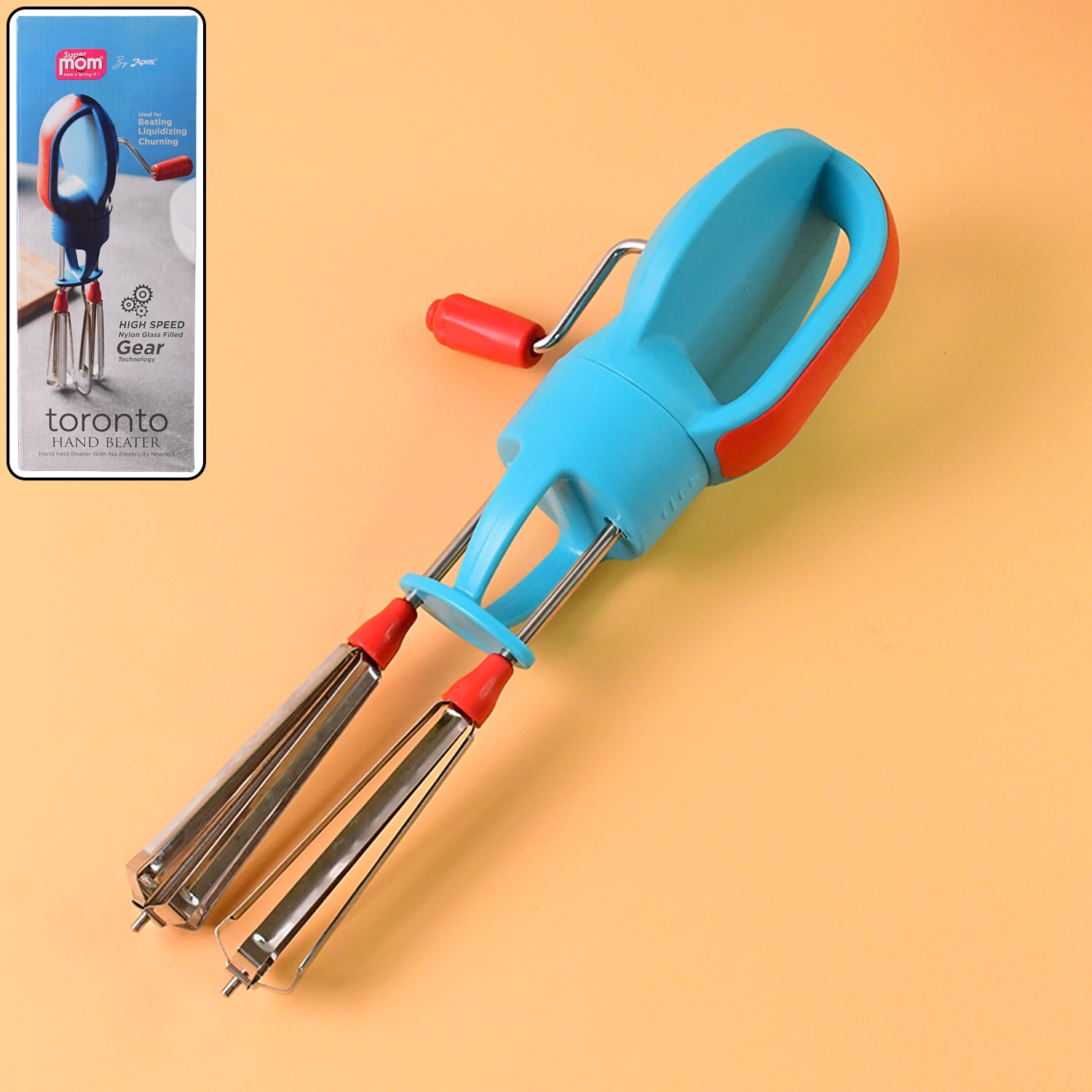 Manual hand beater with dual stainless steel whisks for efficient mixing