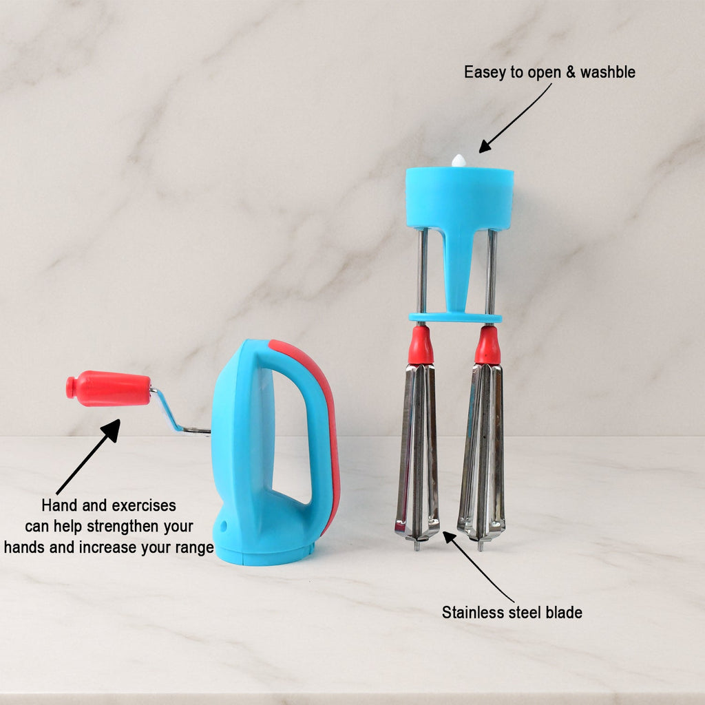 High-speed manual hand beater with dual whisks in kitchen setting
