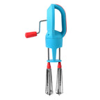 Dual stainless steel whisks close view on manual hand beater