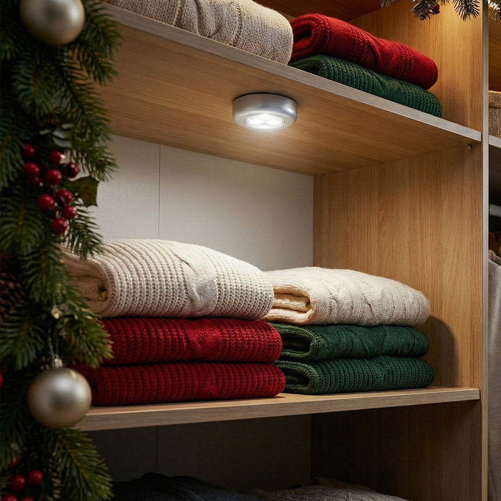 LED tap light providing bright illumination for a kitchen cabinet.