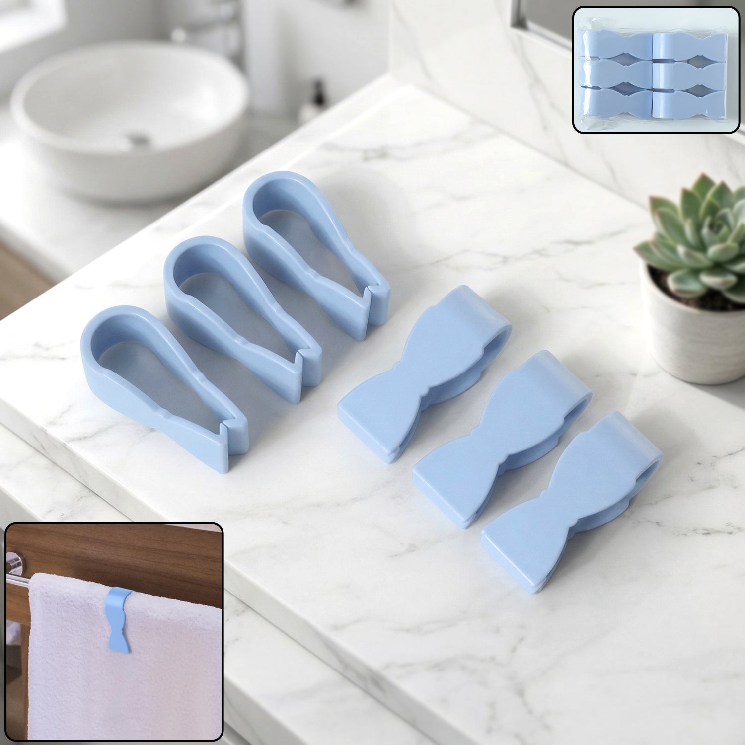 Multipurpose towel clips in use on a towel rod in a modern kitchen