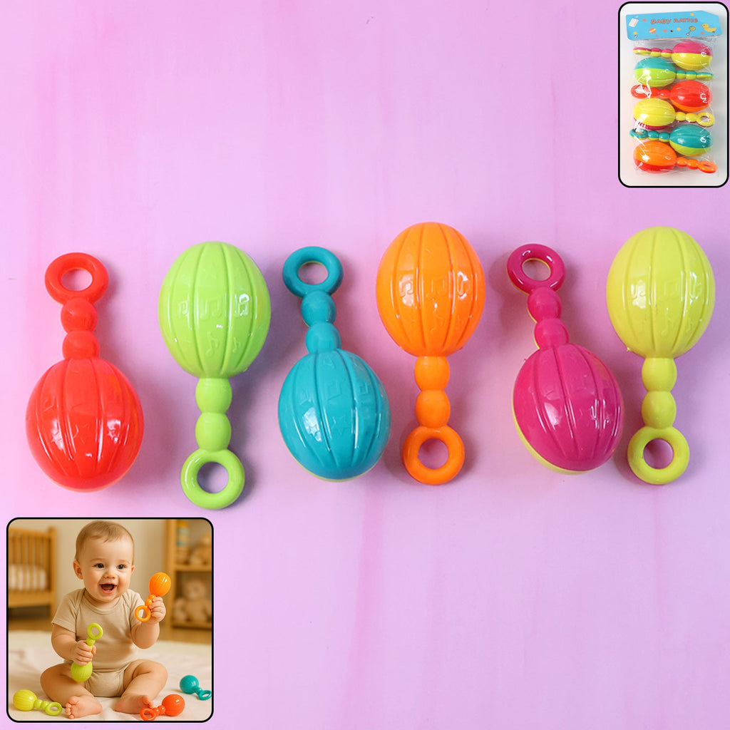 Colorful set of 6 baby hand rattles for sensory play