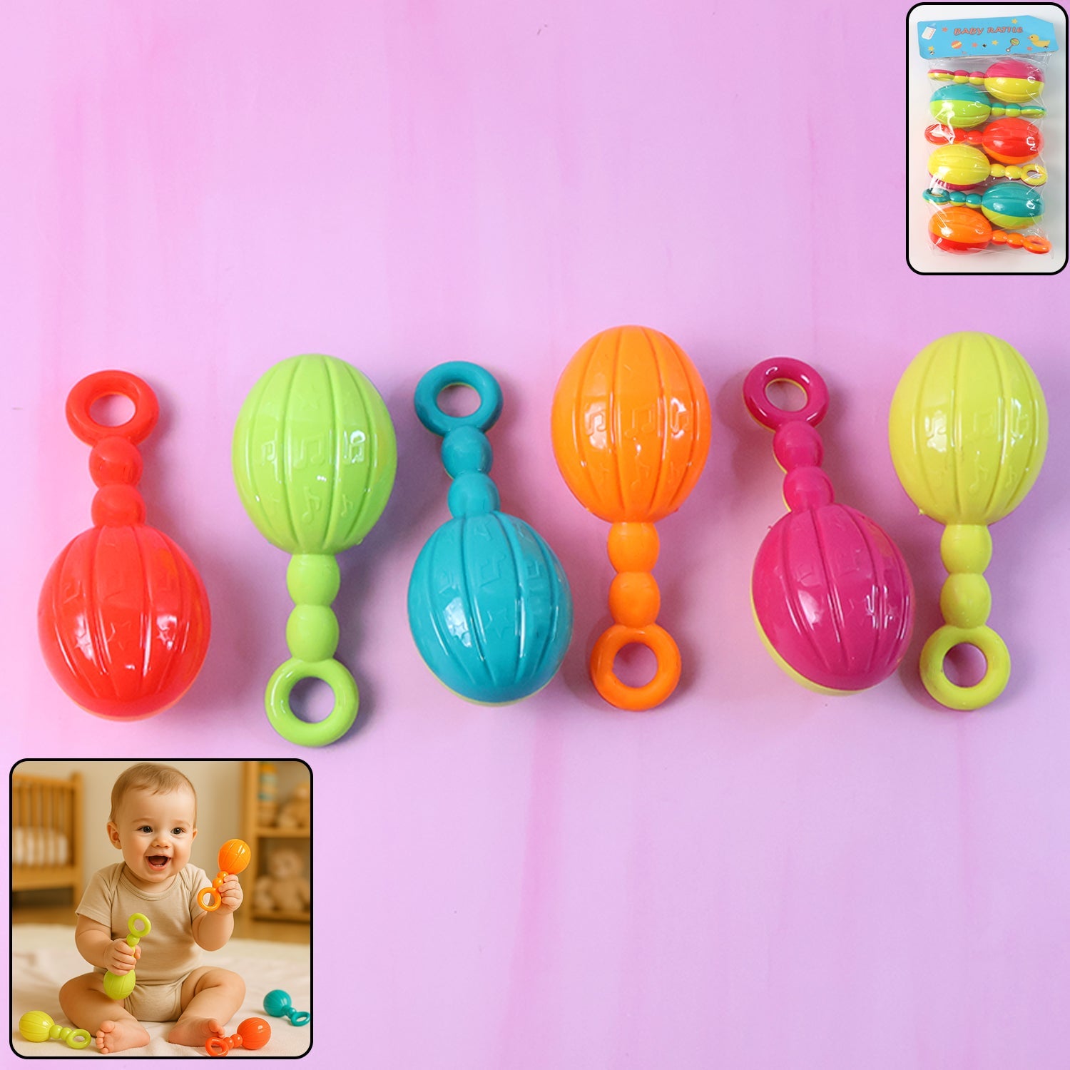 Colorful set of 6 baby hand rattles for sensory play