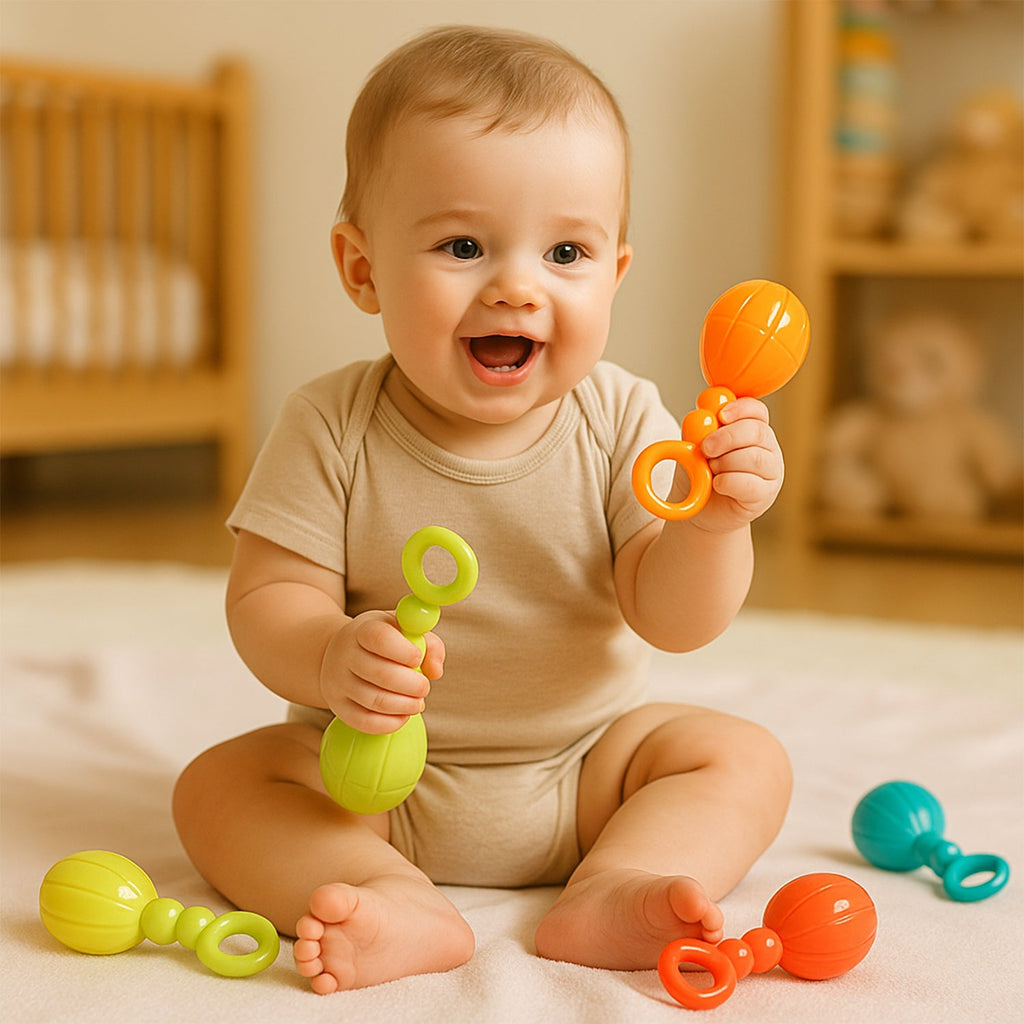 Close-up of colorful baby hand rattles with rounded edges
