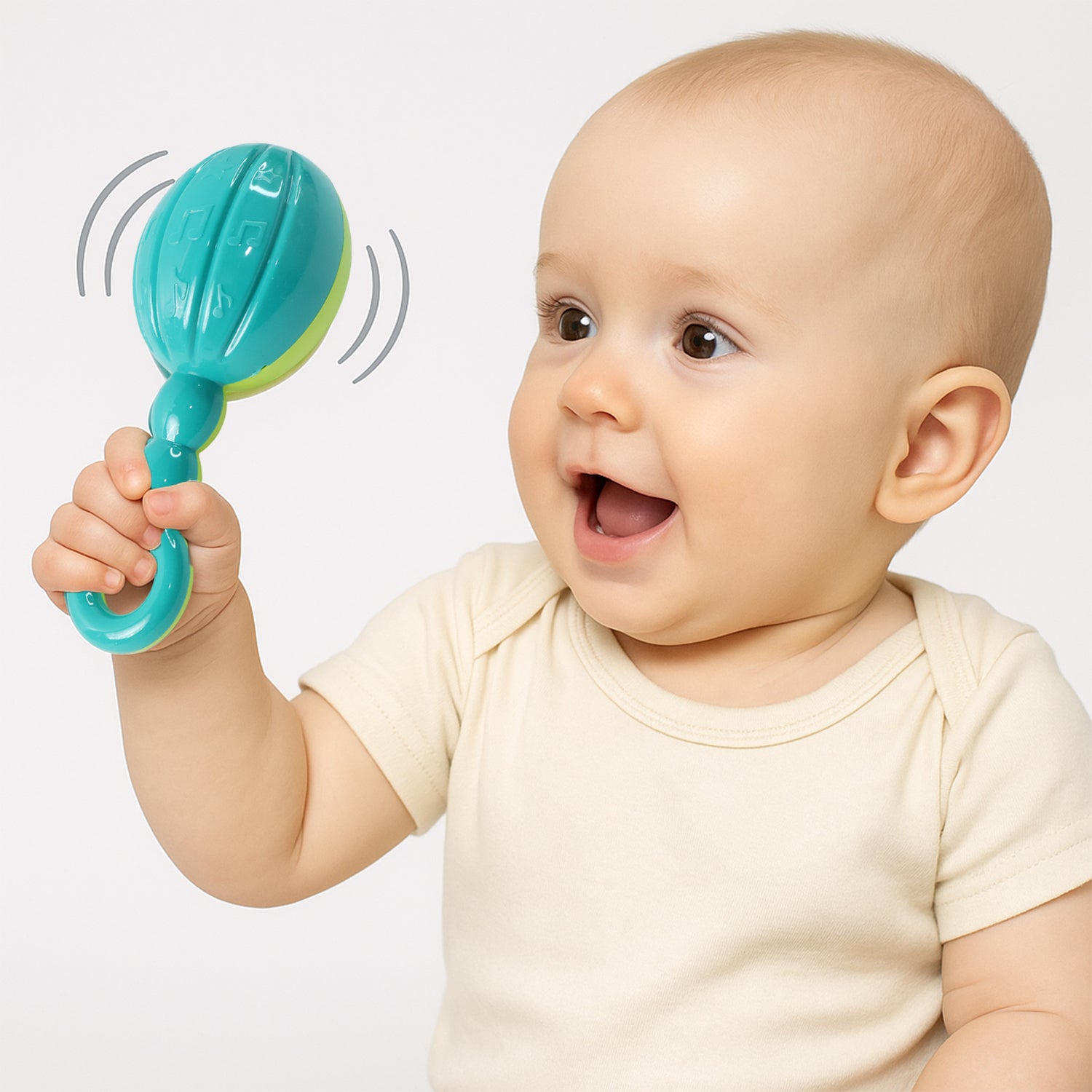 Baby hand rattle toy with bead handles for easy grip