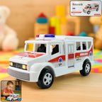 Friction powered ambulance toy with realistic white and red emergency design