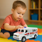 Side view of friction powered ambulance toy for kids aged 3 plus