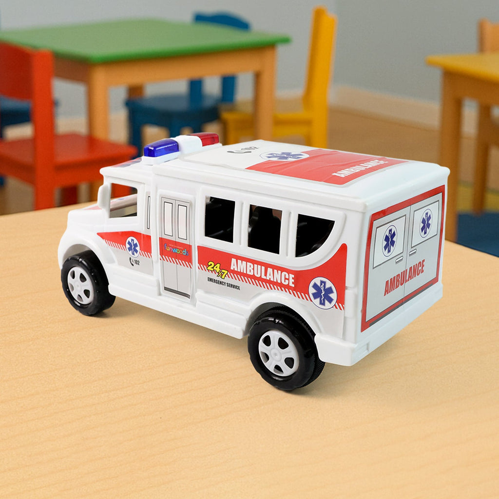 Friction powered ambulance toy displayed on a flat surface for play