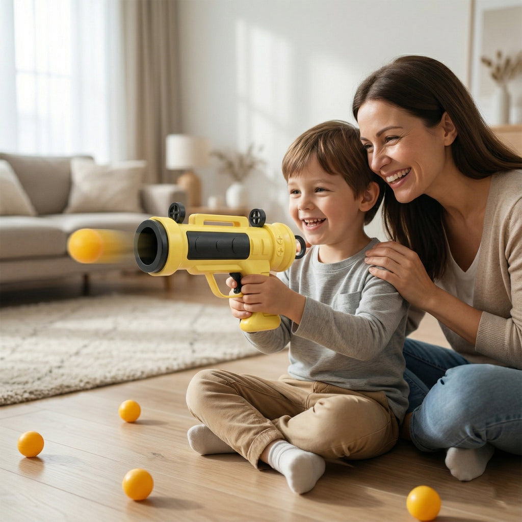 Children using soft ball shooter toy gun for active play