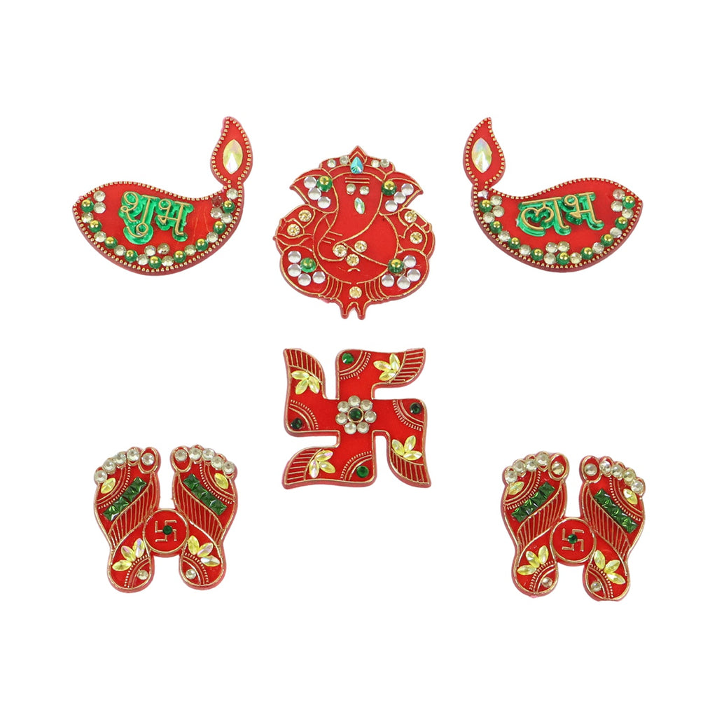 Traditional Shubh Labh decorative set with bright beads and embellishments