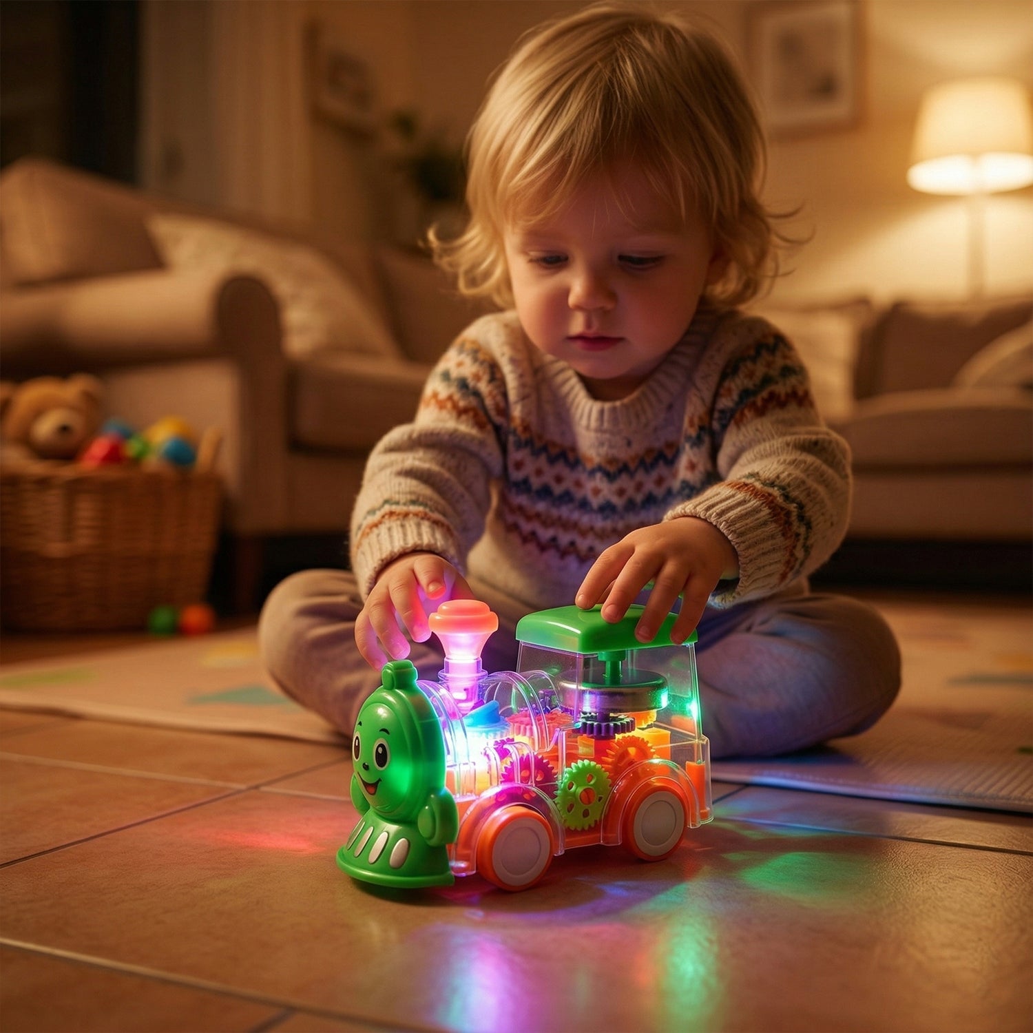 Transparent train toy with lights and sound features