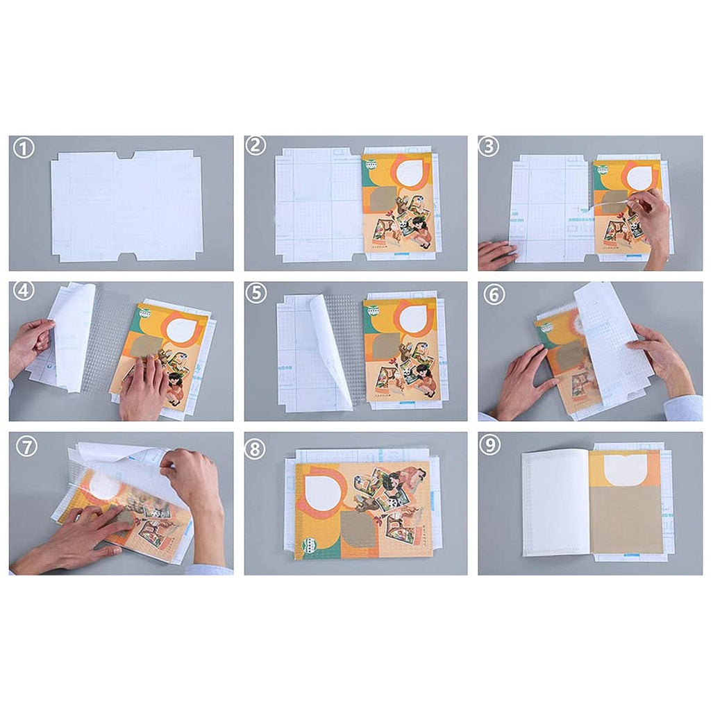 Book covered with transparent adhesive book cover showing clear durability
