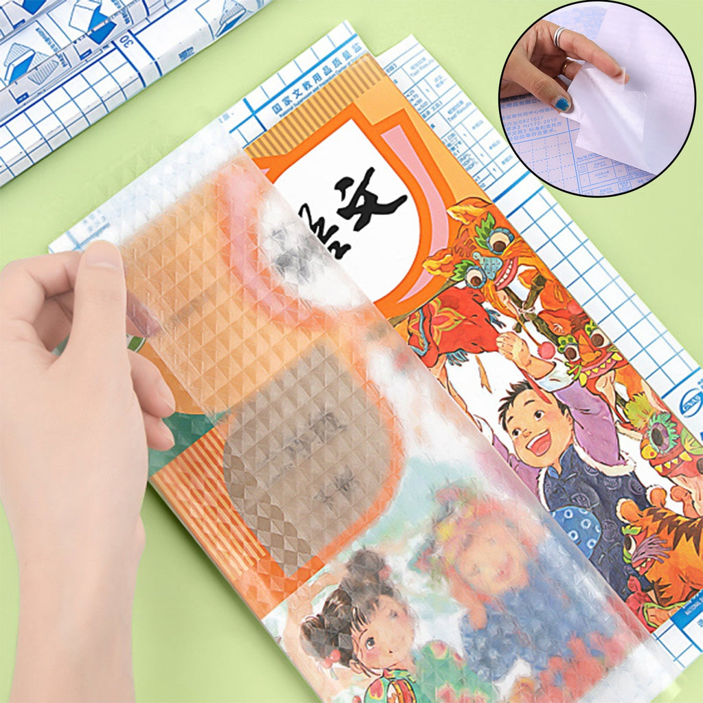 Transparent protective book cover sheets alongside colorful label stickers