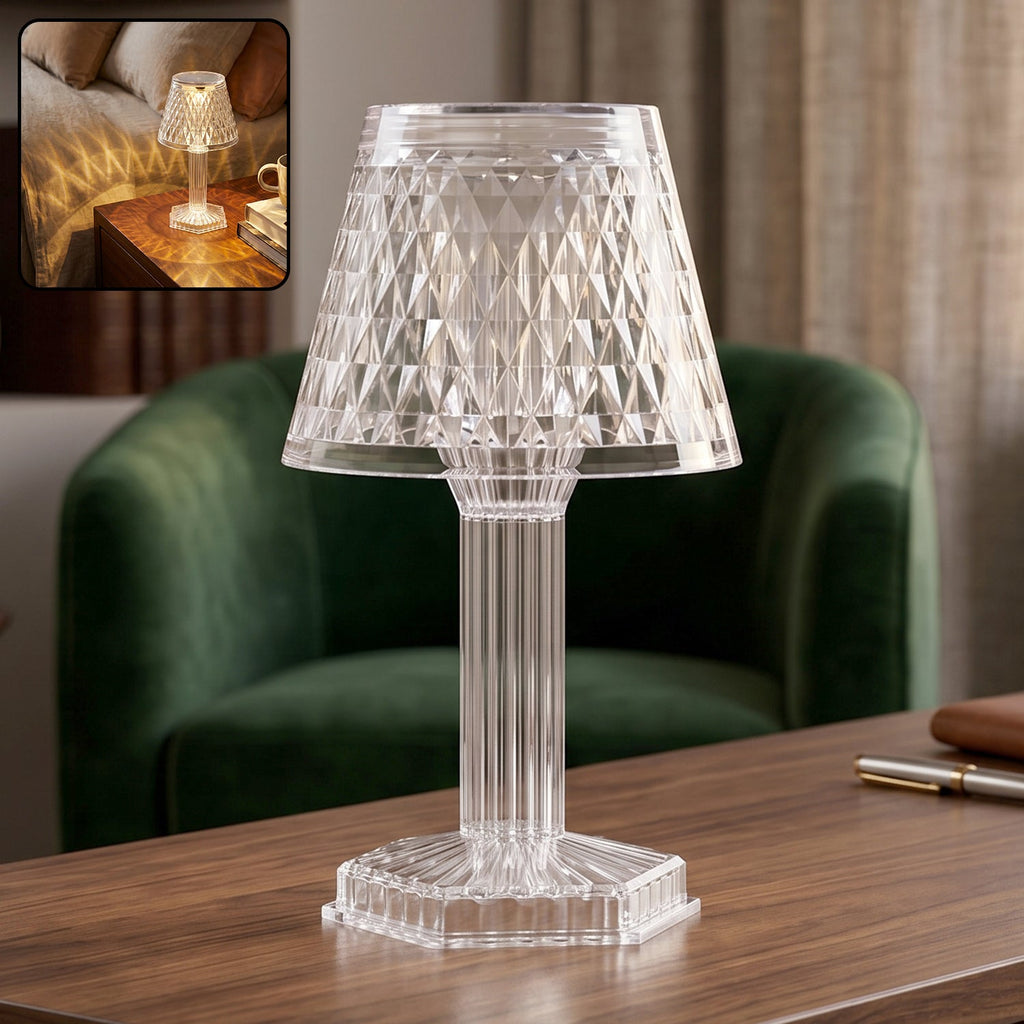 Glowing cup shape crystal table lamp illuminating a modern living space.