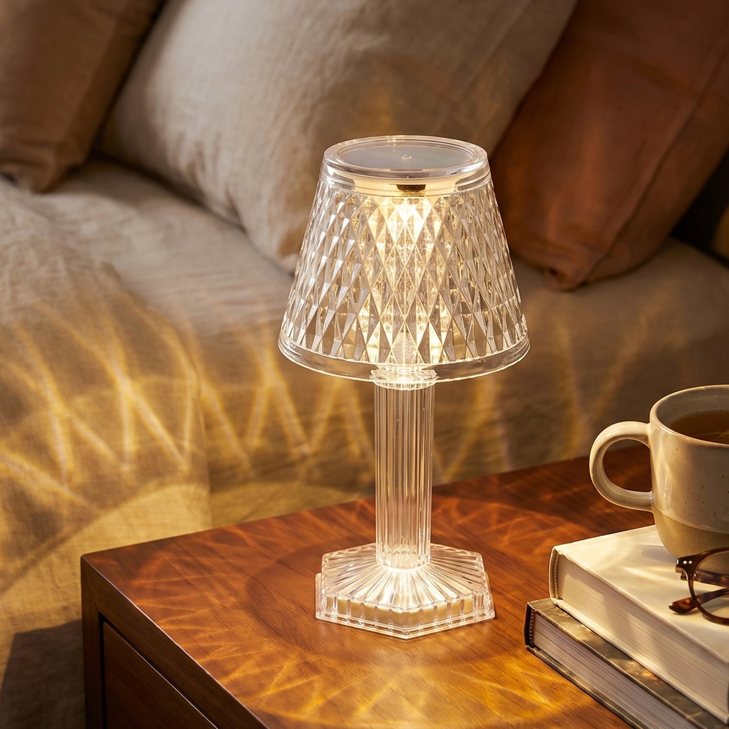 Close-up of the intricate plastic crystal design of the table lamp.