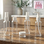 5-in-1 travel cosmetic bottle set with spray, pump, flip cap, and cream jar