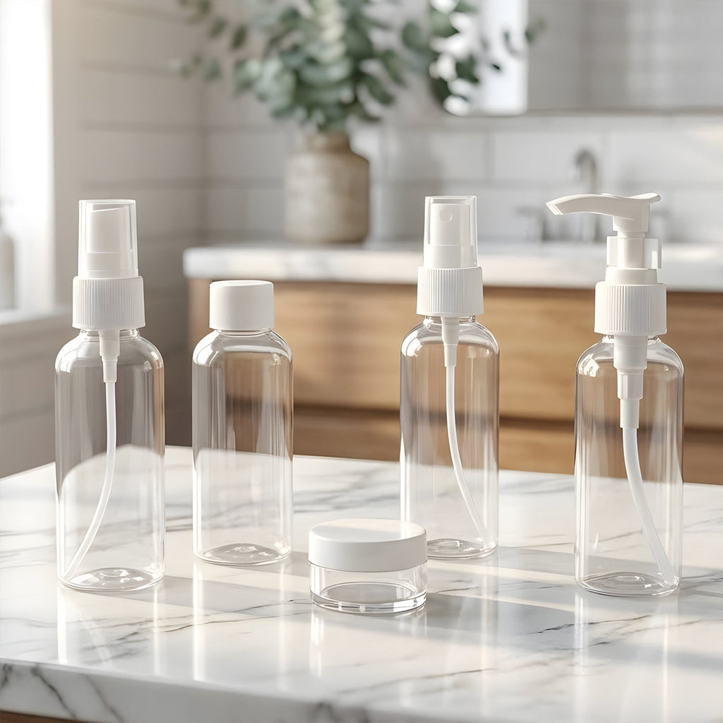 Compact travel cosmetic bottle storage kit for shampoo, lotion and skincare