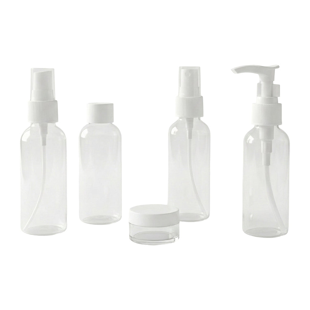 Travel bottle combo including pump, spray, and flip cap refillable containers