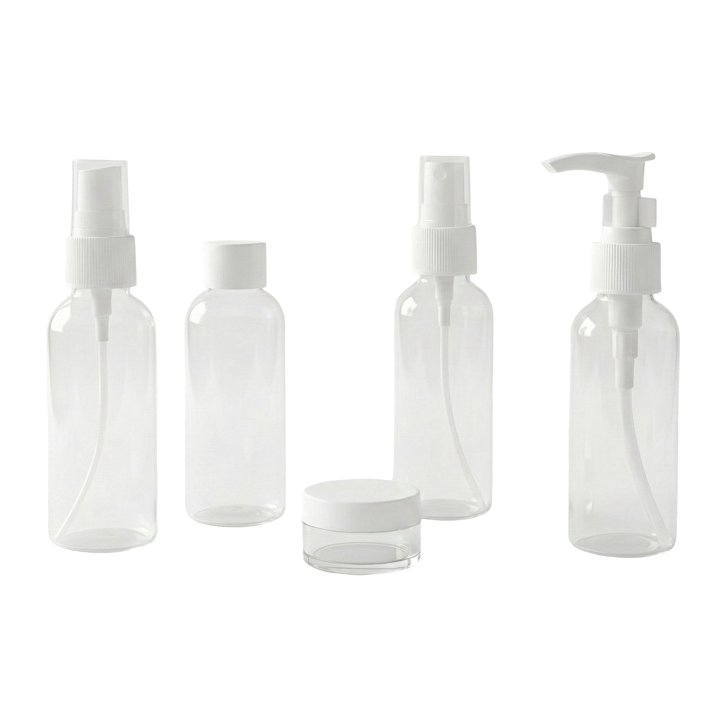 Travel bottle combo including pump, spray, and flip cap refillable containers