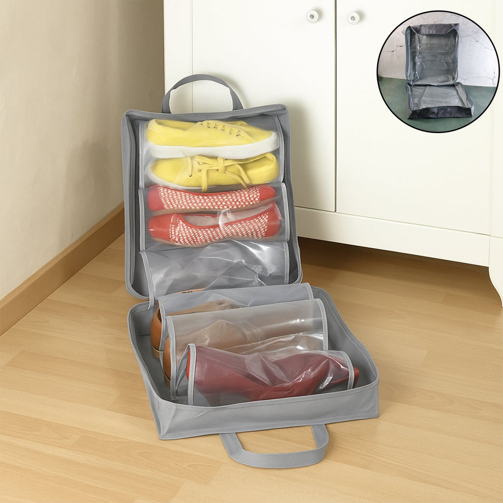 Travel shoe storage bag secured with zipper closure to keep shoes safe