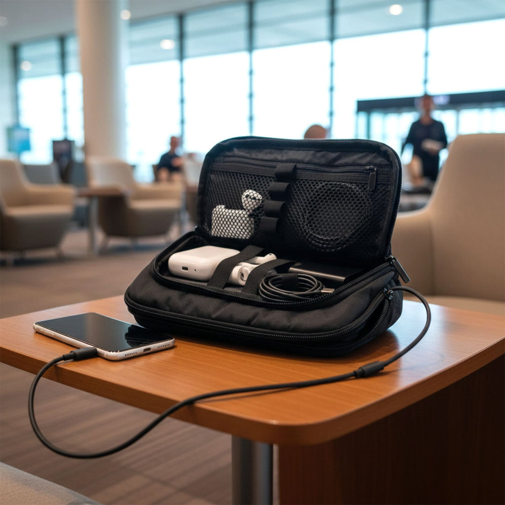 Electronics carry case pouch designed to prevent cable tangling