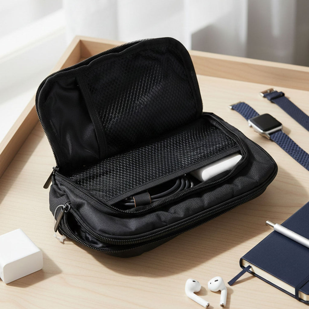Durable compact electronics organizer pouch angled view