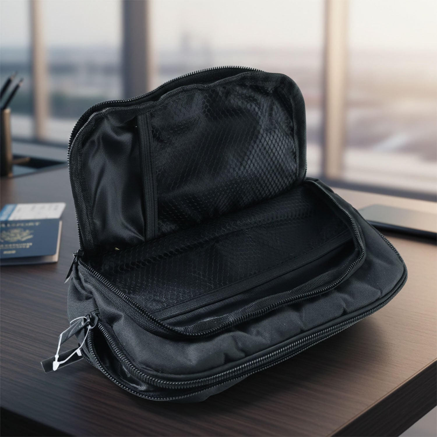 Organized interior mesh compartments in small gadget storage pouch