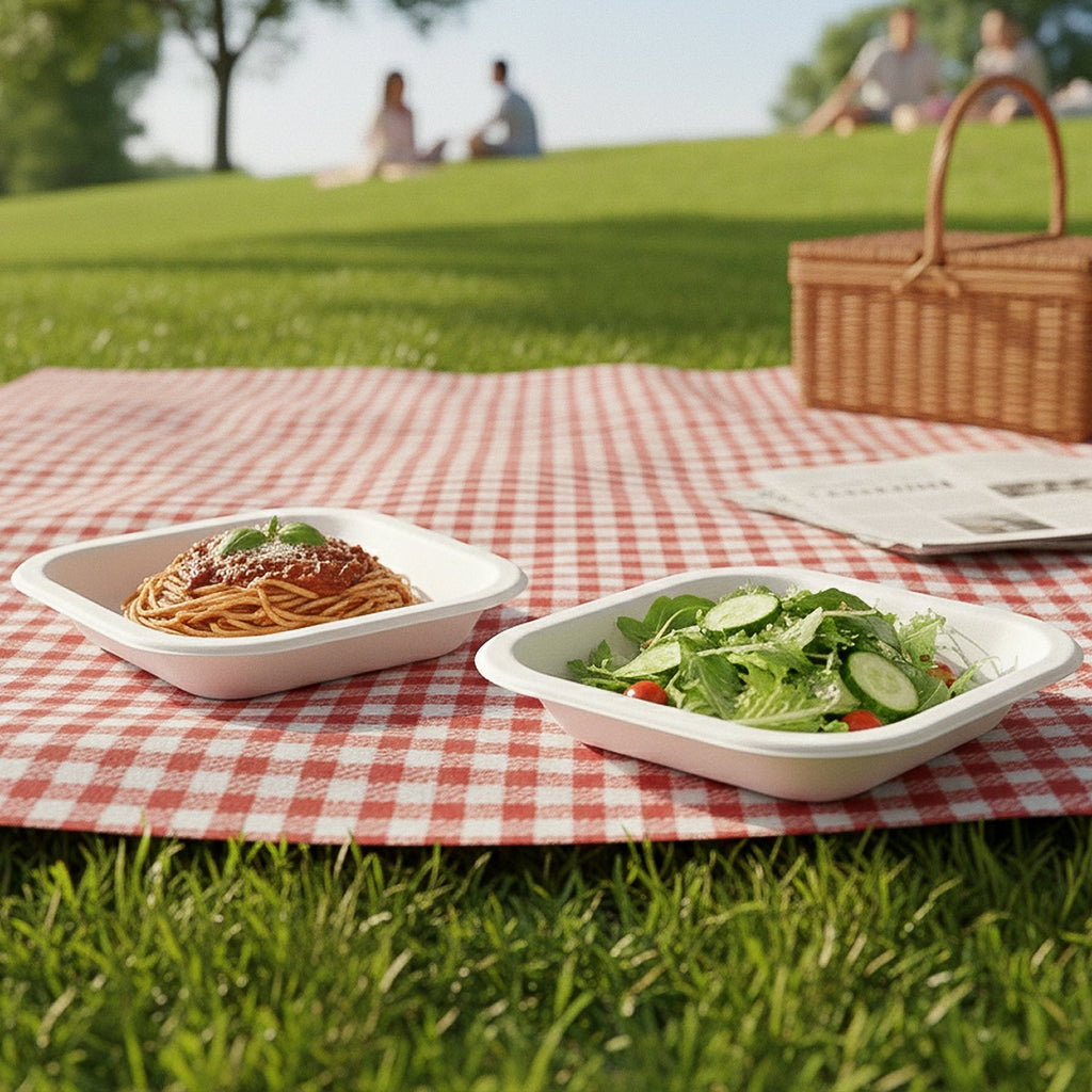 Disposable square food tray set displayed with assorted snacks for serving.