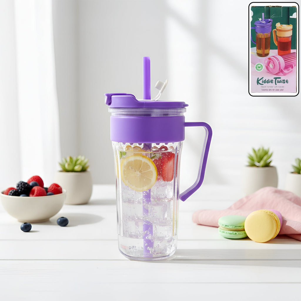 Plastic tumbler for kids with integrated straw and sturdy handle